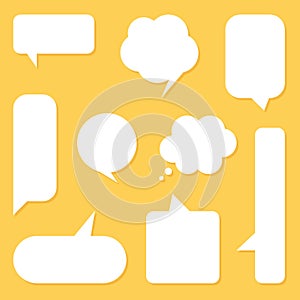 Flat design white speech bubbles set, collection on yellow background