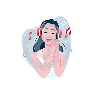 Flat design of a woman listening to music using headphones