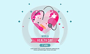 Flat design world health day with stetoscop, love, globe symbol photo