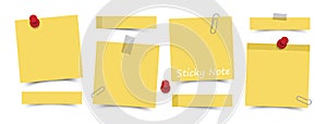 Flat design yellow color sticky notes with red pin , adhesive tape and paper clip on white board background . Vector