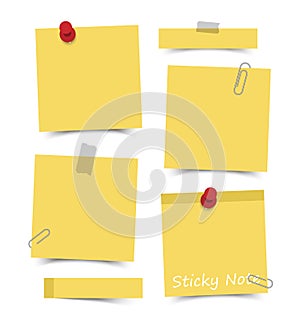 Flat design yellow color sticky notes with red pin , adhesive tape and paper clip on white board background . Vector