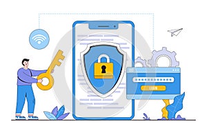 Flat developer setting security system for protect data account and user key password for login mobile phone application concept.