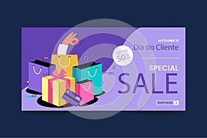 Flat dia do cliente horizontal sale banner template Vector illustration photo