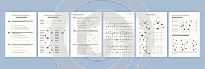 Flat different versions of tests on paper. School and Education. Test score sheet with answers