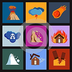 Flat disaster, damage vector icons