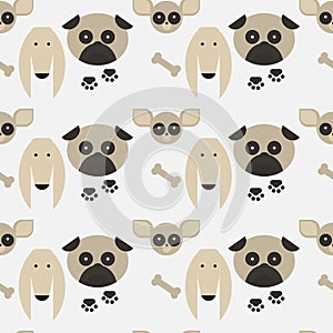 Flat dog characters set, cartoon pet animal collection chihuahua, pug and afgan greyhound seamless pattern