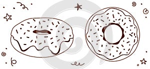 Flat donuts set with sweet icing in cartoon style. Vector illustration