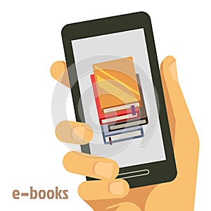 Flat e-books concept with smartphone in hand