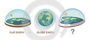 Flat earth ,globe, earth, Heart shaped earth, concept illustration. Ancient cosmology model and modern pseudoscientific conspiracy