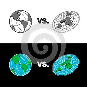 Flat Earth vs Sphere Earth map. Isolated vector illustration.