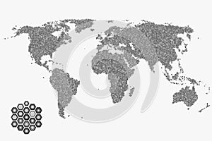 Flat earth world map with hexagonal dots.