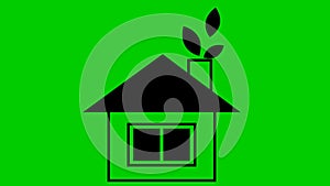 Flat ecology icon. black house with leaves from chimney. Concept of renewable energy, green technology, ecology, green energy.