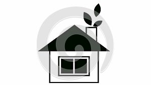 Flat ecology icon. black house with leaves from chimney. Concept of renewable energy, green technology, ecology, green energy.