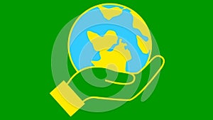 Flat ecology icon. The earth spins in hand. Blue and yellow symbol. Looped video. Concept of ecology care, saving the planet.