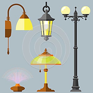 Flat electric lantern city lamp street urban lights fitting illuminator technology light bulb electricity vector