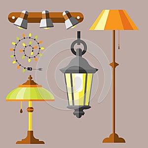 Flat electric lantern city lamp street urban lights fitting illuminator technology light bulb electricity vector