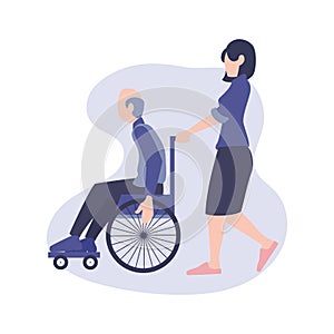 Flat element of disability man. Flat element of disability person. Girl helping man with wheel chair. Woman help disability man in