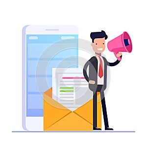 Flat email marketing concept. Businessman or manager speaks in megaphone against the background of an open mail envelope