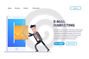 Flat email marketing concept. Sending emails using a mobile phone or web version of your site. Businessman or manager