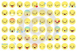 Flat emoji faces. Flat emoticon smiling avatars with different face emotions. Happy, sad and winking, angry funny message vector