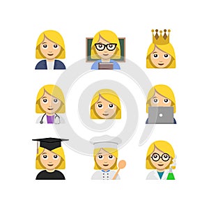 Flat emoticon style woman icons