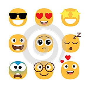 Flat emoticons faces. Simple happy and funny, cartoon smile set, wonder and love with hearts in eyes emoji moods