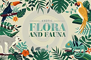 Flat exotic flora and fauna background