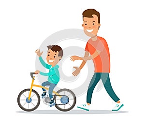 Flat Family children Father boy in bicycle