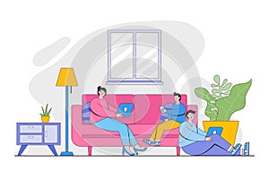 Flat family sitting together at home and using digital devices. Concept of addicted to social media for landing page, web mobile