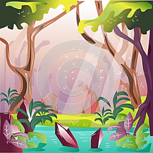 Flat Fantasy Forest Game Background Vector Illustration