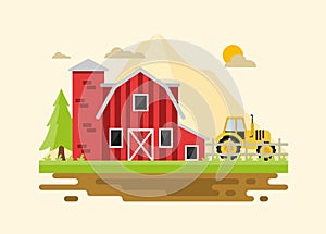 Flat farm landscape with farmhouse. Farming agriculture concepts.