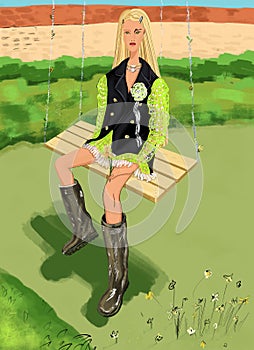 Flat fashion illustration of cartoon long hair blondie college student girl, sitting in the garden