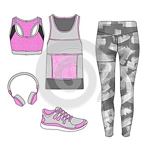 Flat fashion sketch - Gym outfit set - leggings, sport bra, sport tank