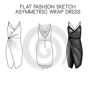 Flat fashion technical sketch - Asymmetric Wrap Dress photo