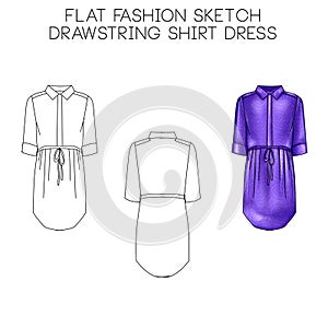 Flat fashion technical sketch - Drawstring short dress