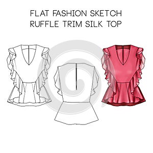 Flat fashion technical sketch - Ruffle trim top