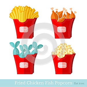 Flat fast food fried potato chicken fish popcorn with pack