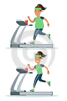 Flat fat woman weight loss. Running treadmill befo photo