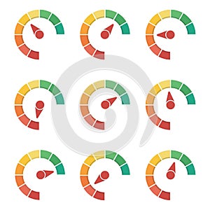 Flat feedback gauge and rating meter. Speedometer or pressure graph. Business progress concept, satisfaction and mood