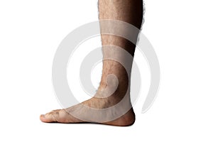 Flat feet, male foot close-up isolated on white background