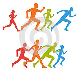 Flat figures marathoner. Colored silhouettes of runner.