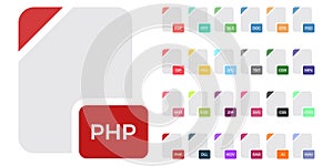 Flat file format icons. Audio, video, image, system, archive, code and document file types