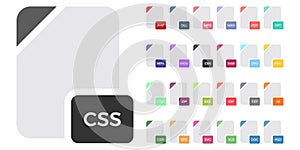 Flat file format icons. Audio, video, image, system, archive, code and document file types