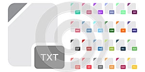 Flat file format icons. Audio, video, image, system, archive, code and document file types