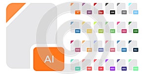 Flat file format icons. Audio, video, image, system, archive, code and document file types