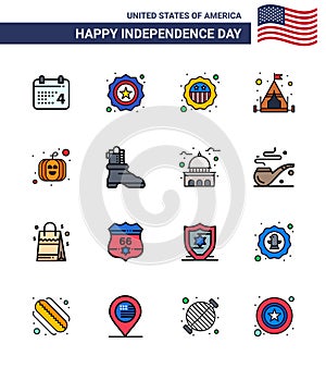 Flat Filled Line Pack of 16 USA Independence Day Symbols of building; boot; camp; shose; pumpkin