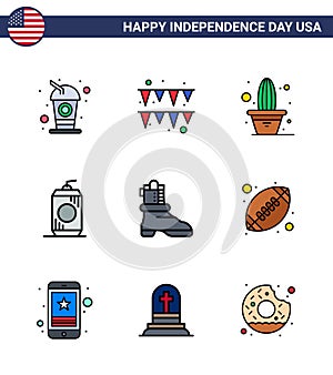 Flat Filled Line Pack of 9 USA Independence Day Symbols of american; shose; flower; usa; cola