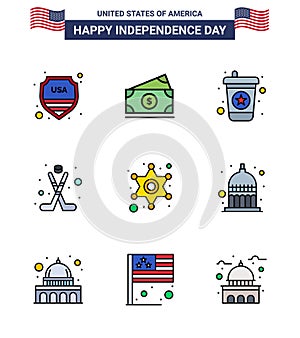 Flat Filled Line Pack of 9 USA Independence Day Symbols of star; men; beverage; sport; hokey