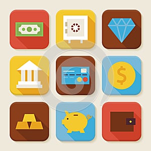 Flat Finance and Banking Squared App Icons Set