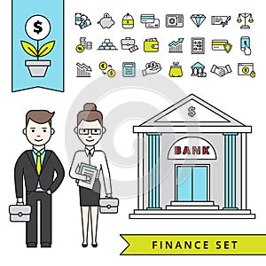 Flat Finance Concept With Businessman And Bank